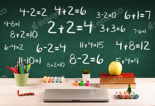 Preview: Going Back To School Concept With Blackboard Full Of Numbers And A Busy Student Desk