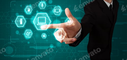 Preview: Young Businessman Pressing Virtual Media Type Of Buttons