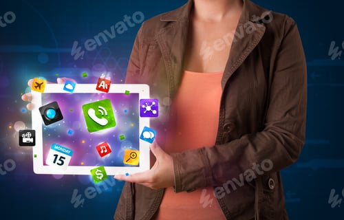 Preview: Young Lady Holding A Tablet With Modern Colorful Apps And Icons