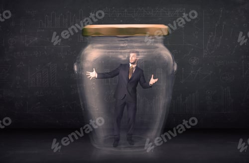 Preview: Business Man Closed Into A Glass Jar Concept On Background