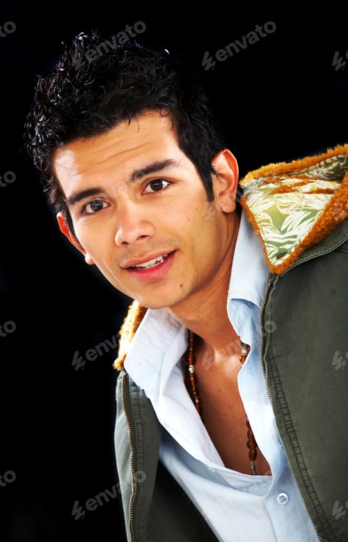 Preview: Fashion Male Portrait With A Hodded Coat Over A Black Background