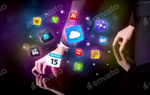 Preview: Male Hands Touching Interactive Table With Colorful Application Icons On It
