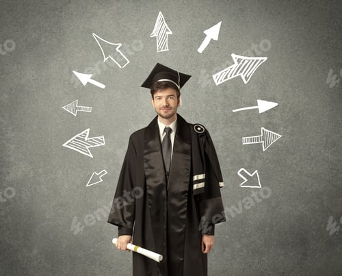 Preview: Young Graduate Student With Hand Drawn Arrows On Wall