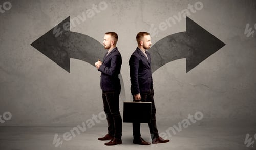 Preview: Young Conflicted Businessman Choosing Between Two Directions Represented By Black Arrows