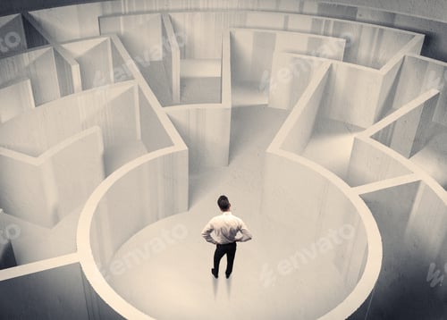 Preview: A Confused Businessman Standing In The Center Of A Maze Surrounded With Walls Of The Labyrinth