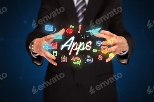 Preview: Businessman With Drawn Application Icons And Symbols In His Hands