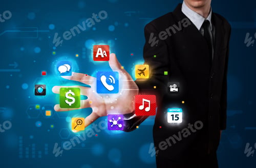 Preview: Young Businessman Pressing Various Collection Of Buttons