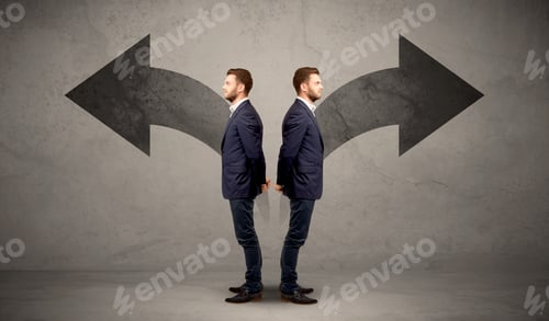 Preview: Young Conflicted Businessman Choosing Between Two Directions Represented By Black Arrows