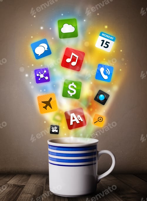 Preview: Coffee Mug With Colorful Media Icons, Close Up