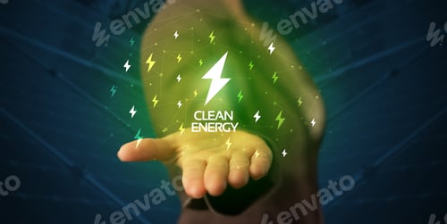 Preview: Hand In Suit Holding Lightning Bolt On His Hand, Green Environment Concept