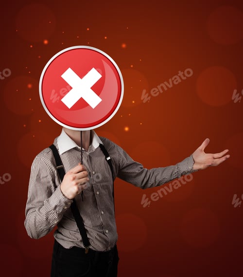Preview: Casual Businessman Holding Round Red Sign With A White Cross