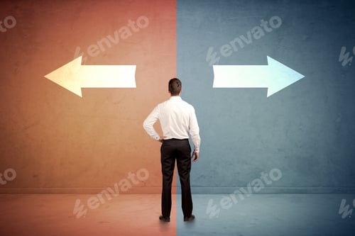 Preview: Salesman In Doubt Standing In Front Of Two Arrows On Blue And Red Background Concept