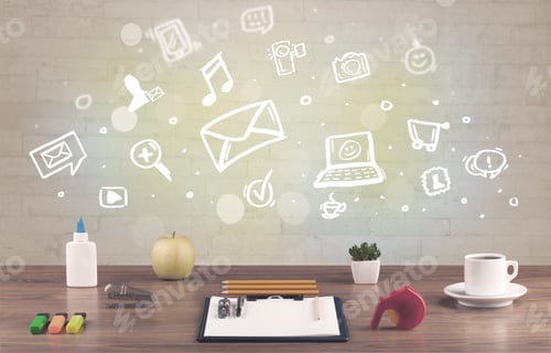 Preview: Social Media Online Communication Concept With Icons And Close Up Of Business Office Desk Full Of