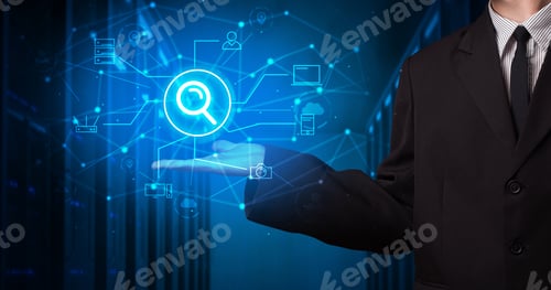 Preview: Man Holding Hologram Projection Displaying Cloud Technology Symbols
