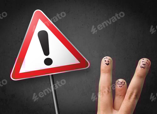 Preview: Happy Cheerful Smiley Fingers Looking At Triangle Warning Sign With Exclamation Mark