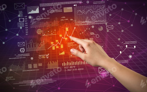 Preview: Female Hand Touching Charts And Graphs On A Red And Purple Background