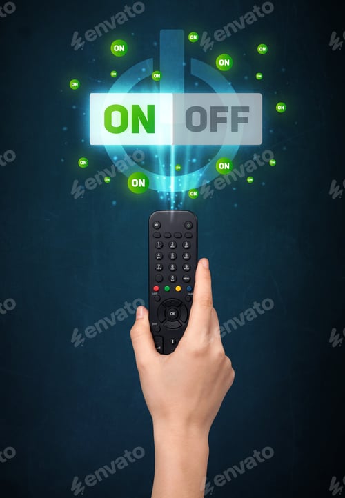 Preview: Hand Holding A Remote Control, On-Off Signal Coming Out Of It