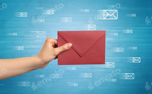 Preview: Female Hand Holding Coloured And White Envelope With Blue Background And Message Symbols Around