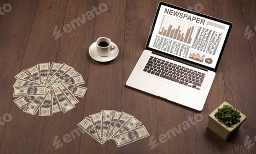 Preview: Business Laptop With Stock Market Report On Wooden Desk And Accessories
