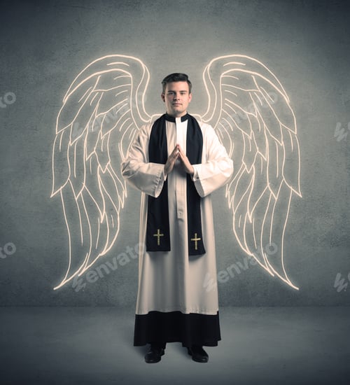 Preview: A Young Male Priest With Drawn Large Angel Wings Standing With The Holy Bible In His Hands Concept.