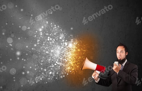 Preview: Guy Shouting Into Megaphone And Glowing Energy Particles Explode Concept