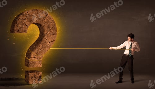 Preview: Business Man Pulling A Big Solid Question Mark Stone Concept On Background