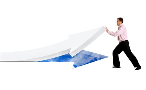 Preview: Business Man Pushing An Arrow Upwards Isolated On White