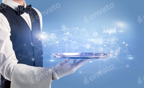 Preview: Young Waiter Serving Financial Concept On A Metal Tray