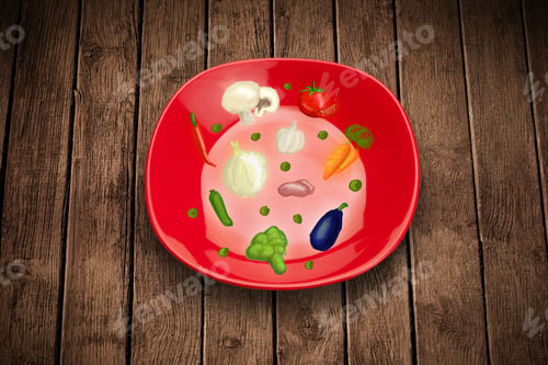 Preview: Colorful Plate With Hand Drawn Icons, Symbols, Vegetables And Fruits On Grungy Background