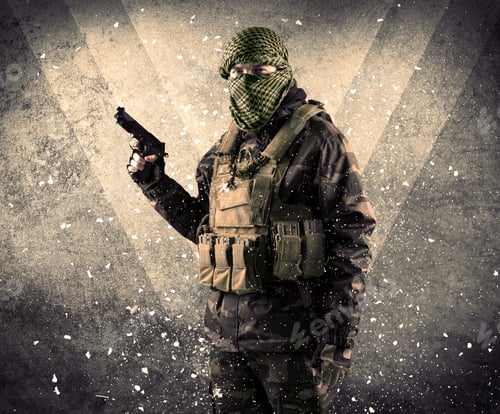 Preview: Portrait Of A Dangerous Masked Armed Soldier With Grungy Light Background