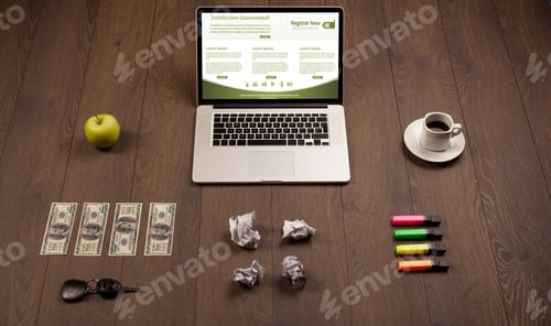 Preview: Business Wooden Table With Notebook Computer And Office Accessories