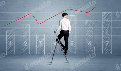 Preview: A Man In Elegant Suit Standing On A Small Ladder And Drawing A Chart On Blue Wall Background With