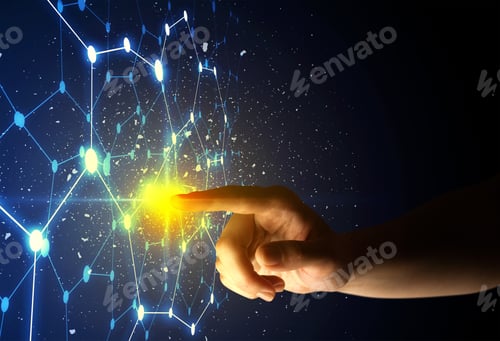 Preview: Female Finger Touching A Beam Of Light Surrounded By A Connectivty Concept