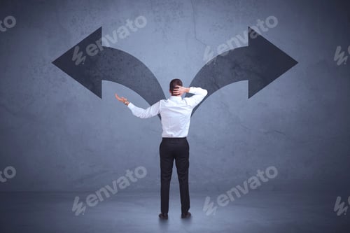 Preview: Businessman Taking A Decision While Looking At Arrows On The Wall Concept Background