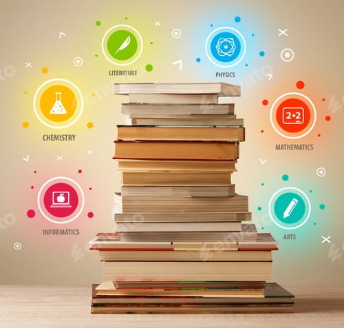 Preview: Books On Top With Colorful Symbols On Vintage Old Background