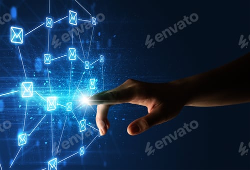 Preview: Female Finger Touching A Beam Of Light Surrounded By A Blue Graphic With Envelopes