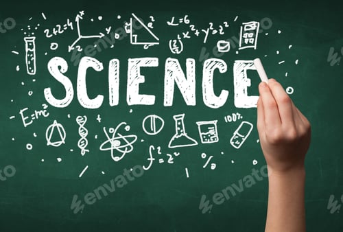 Preview: A Teacher Writing Science, Drawing Chemistry Elements On Clean Green Chalkboard By Hand