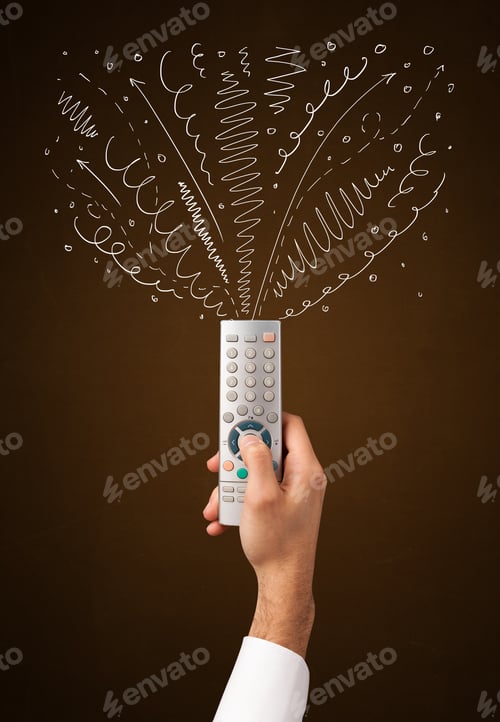 Preview: Hand Holding A Remote Control, Curly Lines And Arrows Coming Out Of It