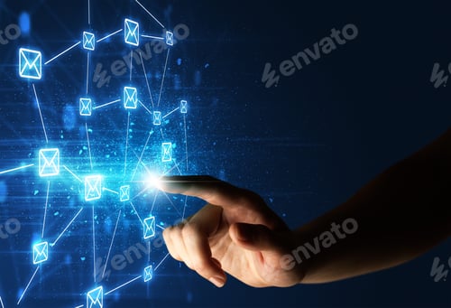 Visualização: Female Finger Touching A Beam Of Light Surrounded By A Blue Graphic With Envelopes