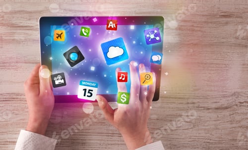 Preview: Caucasian Business Hands Holding And Working On Tablet