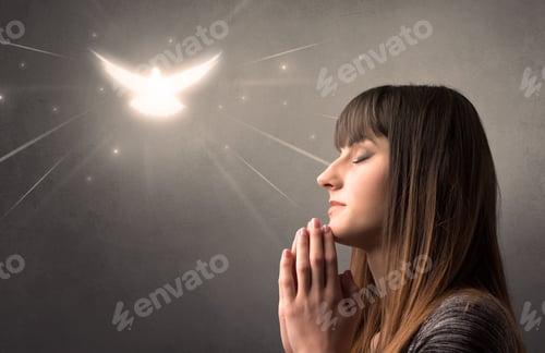 Preview: Young Woman in Prayer with Glowing Dove