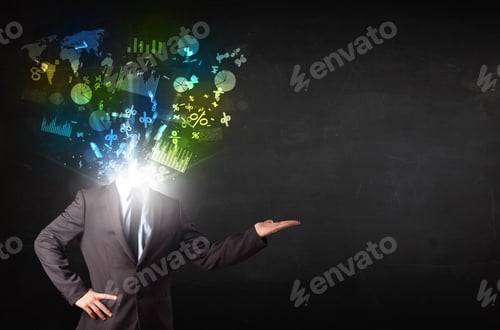 Preview: Business Man In Suit With Graph And Charts Exploding From His Body Concept