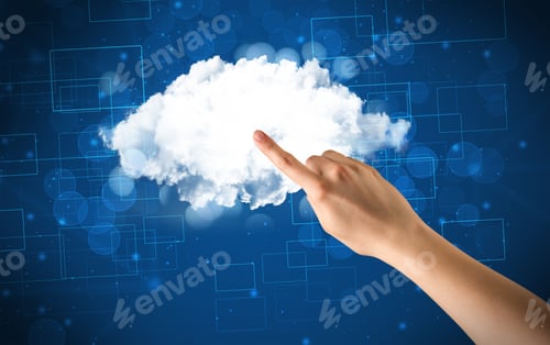 Preview: Female Hand Touching Cloud With Blue Background