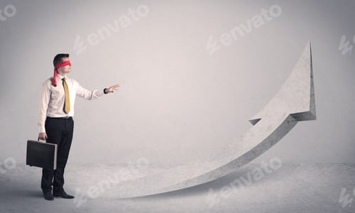 Preview: A Scared Blindfolded Businessman Forced To Face A Problem Concept With Illustrated Arrow Pointng To