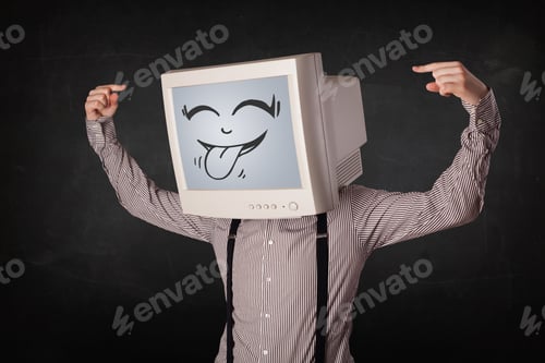 Preview: Happy Business Man With A Computer Monitor Screen And A Smiley Face