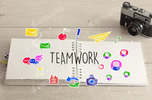 Preview: Notebook On The Floor With Instruments On The Floor And Social Media, Internet Label On It