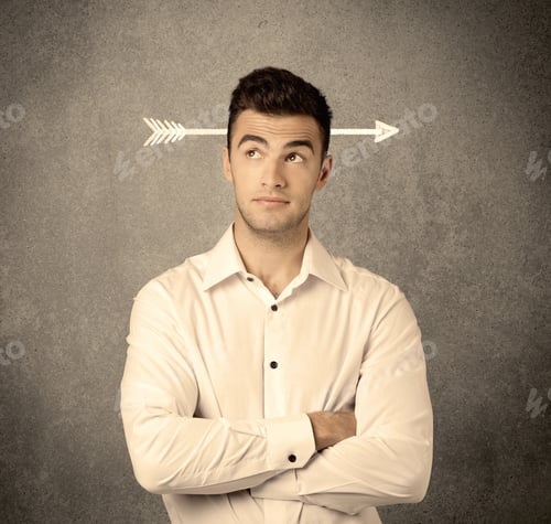 Preview: A Confused Young Business Guy Giving Thumbs Up With A Drawn Arrow Going Through His Head Concept