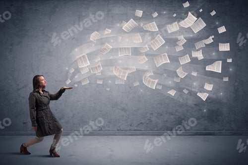 Preview: Caucasian Businesswoman Holding Newspapers, Which Are Floating Away From His Hands