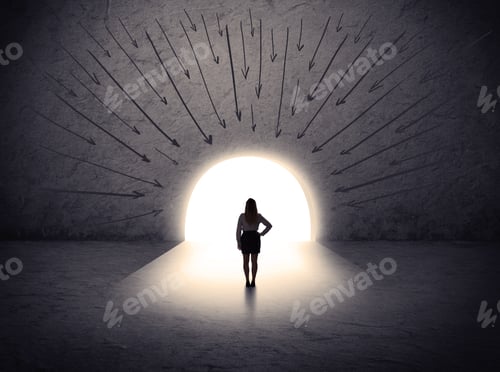 Preview: Businesswoman Standing In Front Of The Huge Gate With Drawn Arrows Pointing To The Entrance