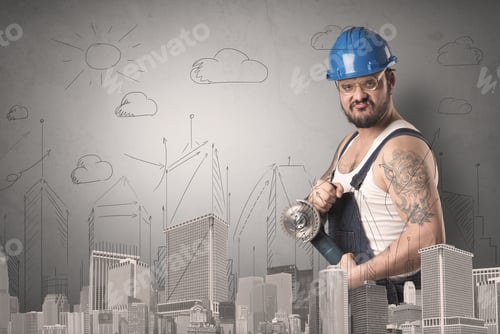 Preview: Handyman With Tool In His Hand And Cityscape Nearby.